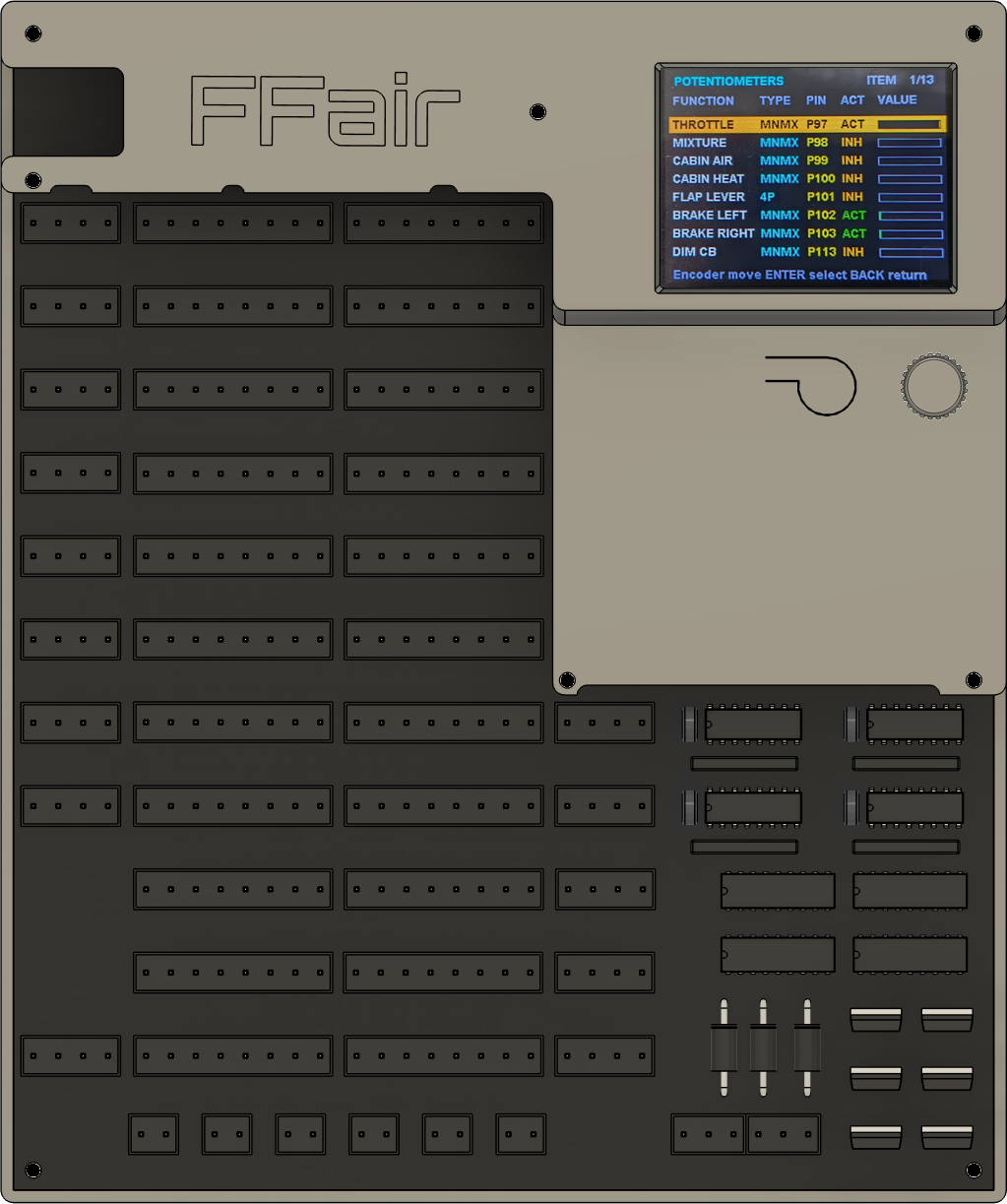 FFair_IO controller board with terminal blocks, display and electronic components