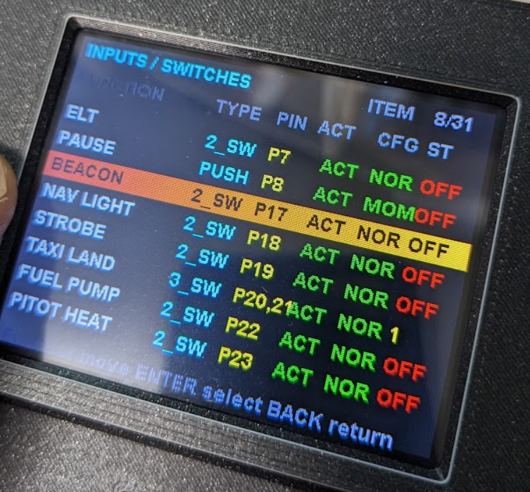 FFair_IO display showing inputs and switches configuration