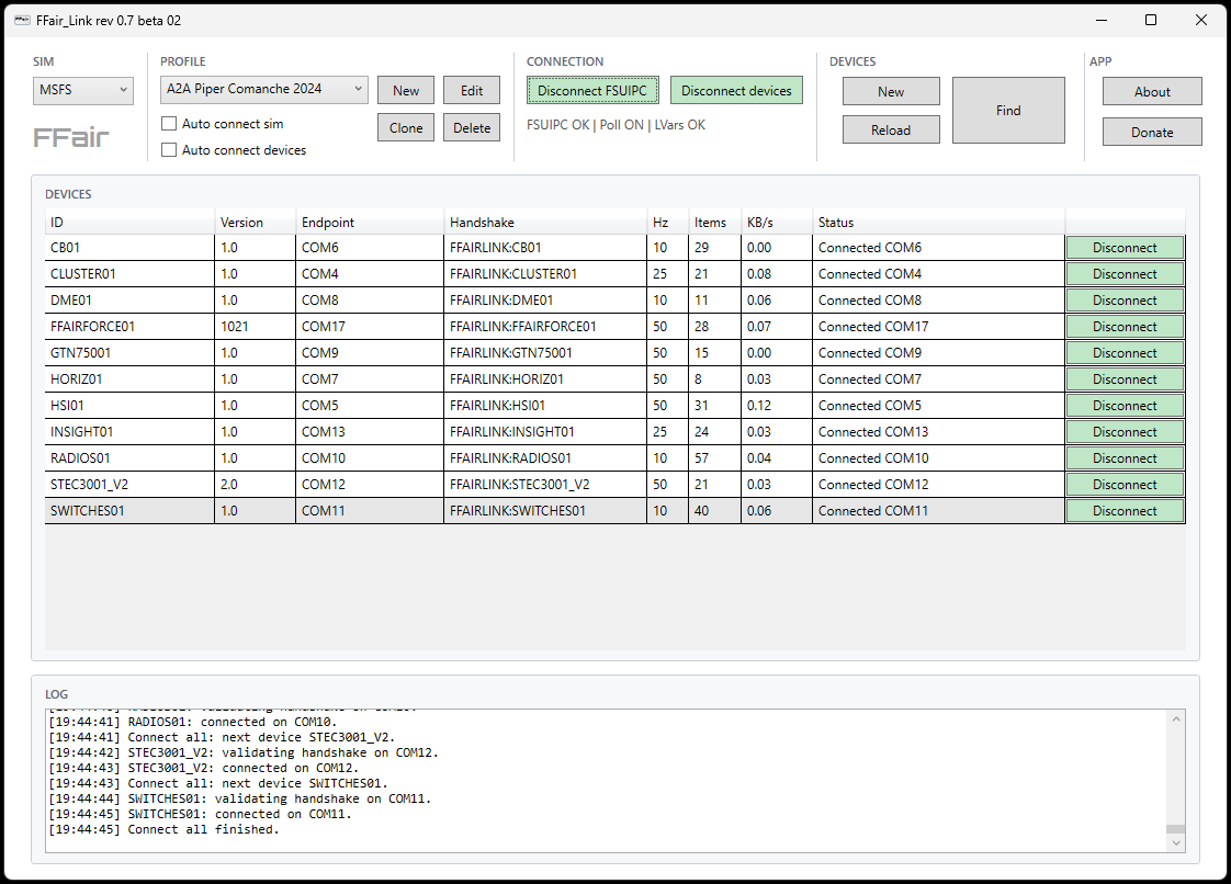 FFair_Link application interface showing connected simulator device profiles
